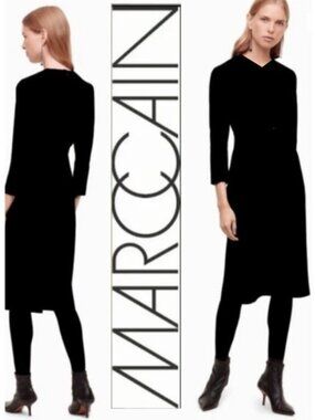 Marc Cain Black Long Sleeve Dress Size 2 V-Neck Flared Hem Soft Stretch